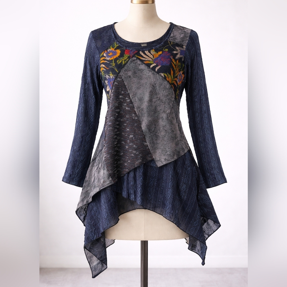 LV‎ Collection Art To Wear Navy Textured Asymmetrical Tunic Top
